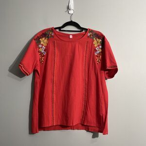 Hanxiujia L Red Embroidered Short Sleeve Top NWT Boho Festival Casual Chic